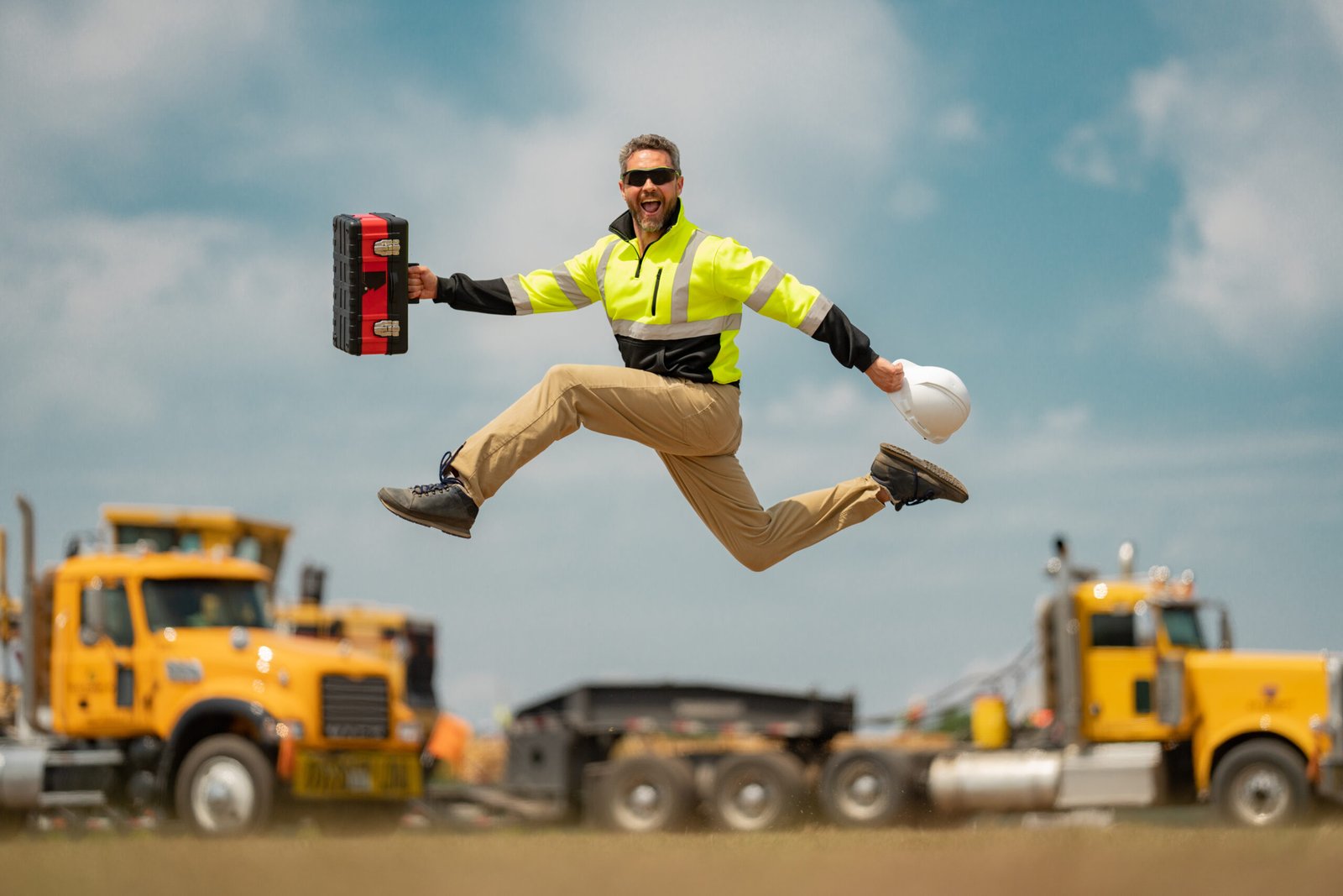 Construction worker jumping with tool case and hard hat
